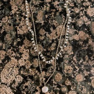 Double necklace - pearls and mother of pearl pendant, gold chains